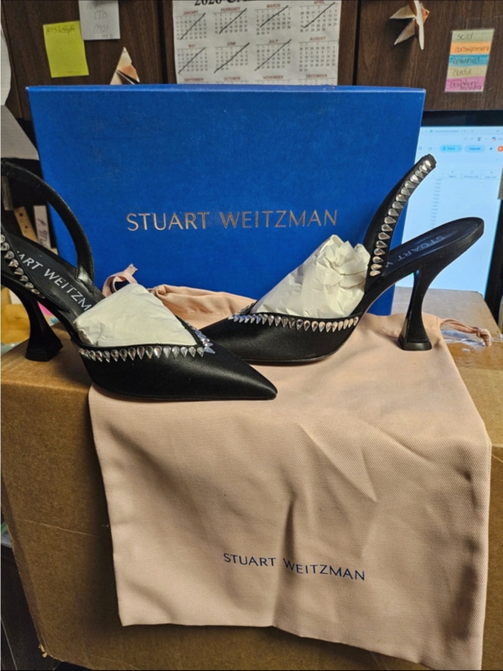 NEW Stuart Weitzman Black Embellished Slingback Pumps 6.5